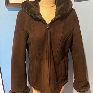 Esprit Dark Brown Teddy Jacket with Faux Fur Trim